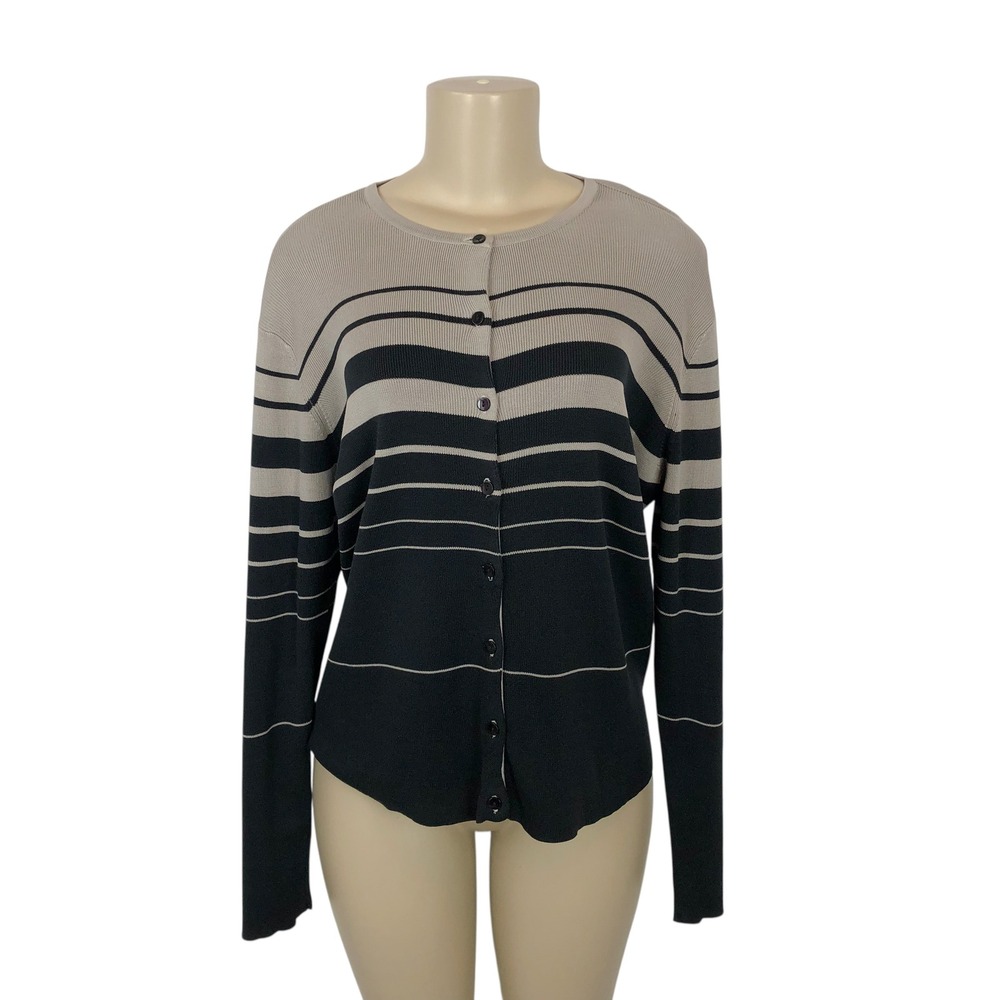 Talbots Silk Blend Striped Button Up Cardigan Sweater Large Career Office Black